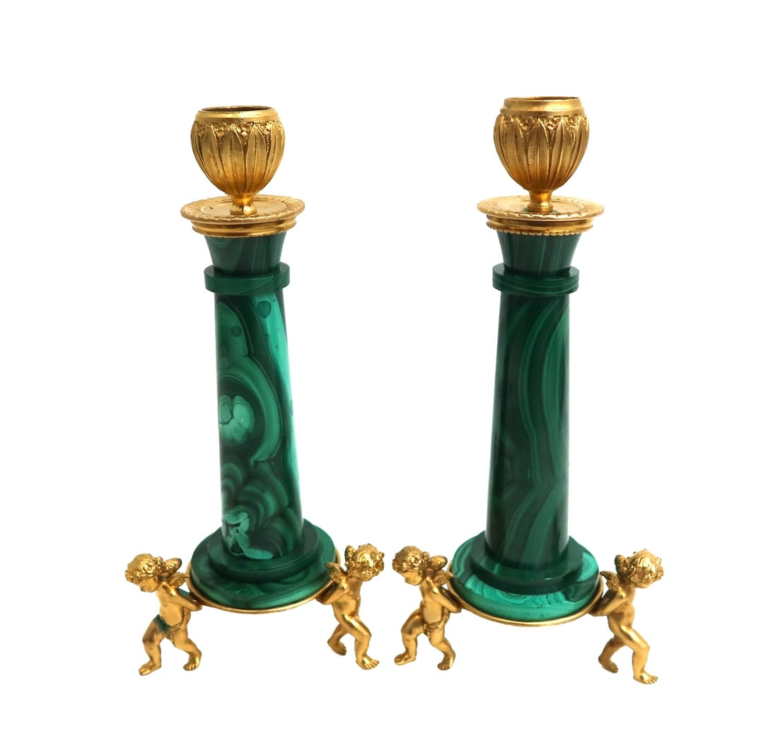 Pair Contemporary Malachite and Gilt Metal Cherub Footed Candle Holders (1 of 10)