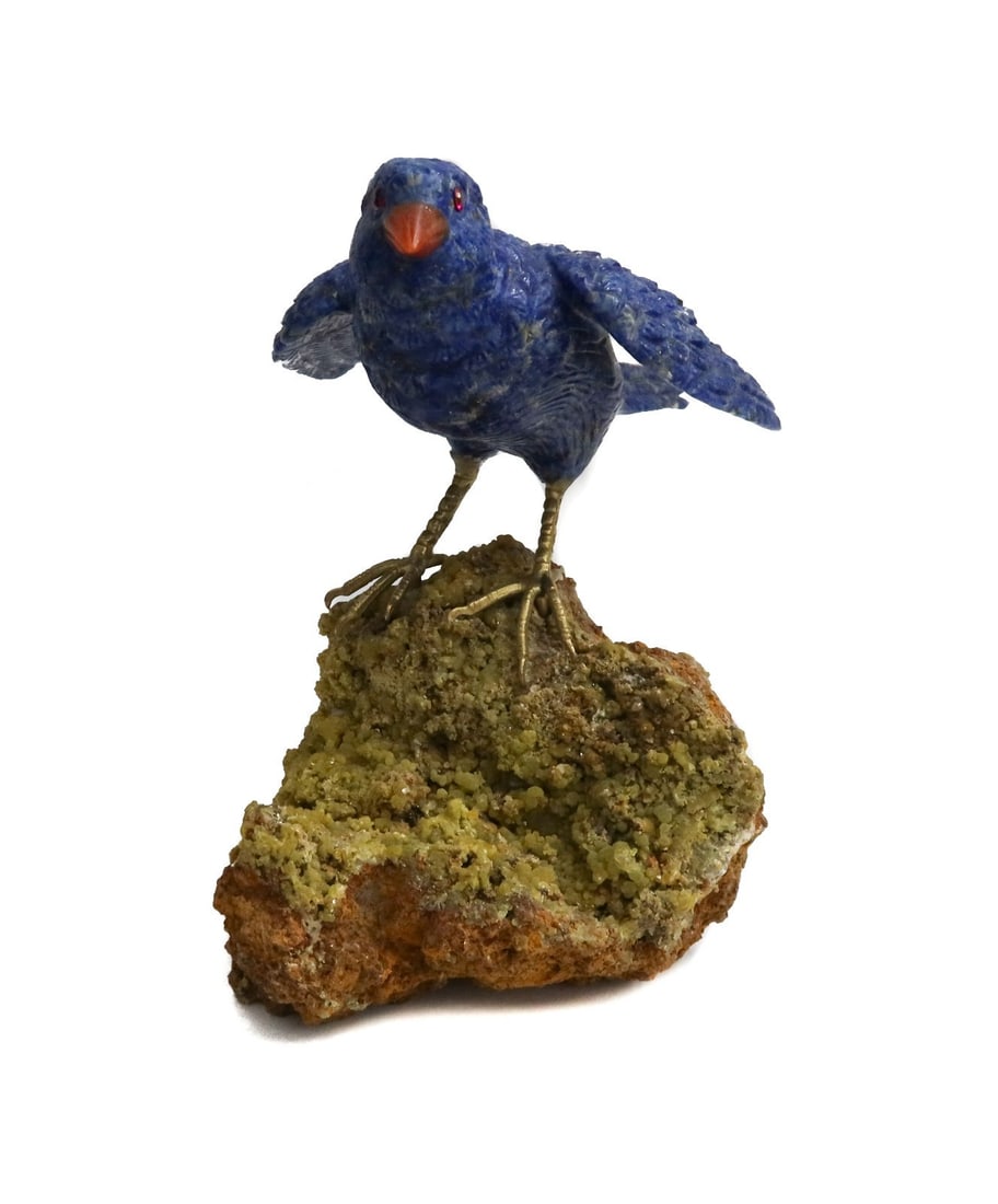20th C Lapis Lazuli Ruby and Brown Geode Bird Miniature w Russian Hallmarks (1 of 11)