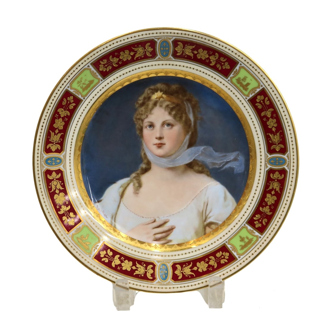 Royal Vienna Austria Hand Painted Porcelain Portrait Plate of Queen Louise: Royal Vienna Austria Hand Painted Porcelain Portrait Plate of Queen Louise, circa 1900. The portrait depicts Queen Louise in her star tiara and wearing a scarf. Artist signed Knoullez. Royal Vienna be