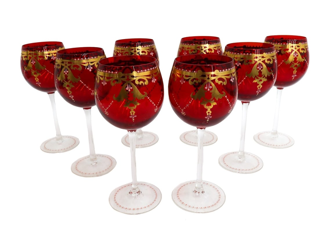 8 Venetian Cranberry Red and Clear Gilt and Enamel Wine Goblets circa 1950 (1 of 4)