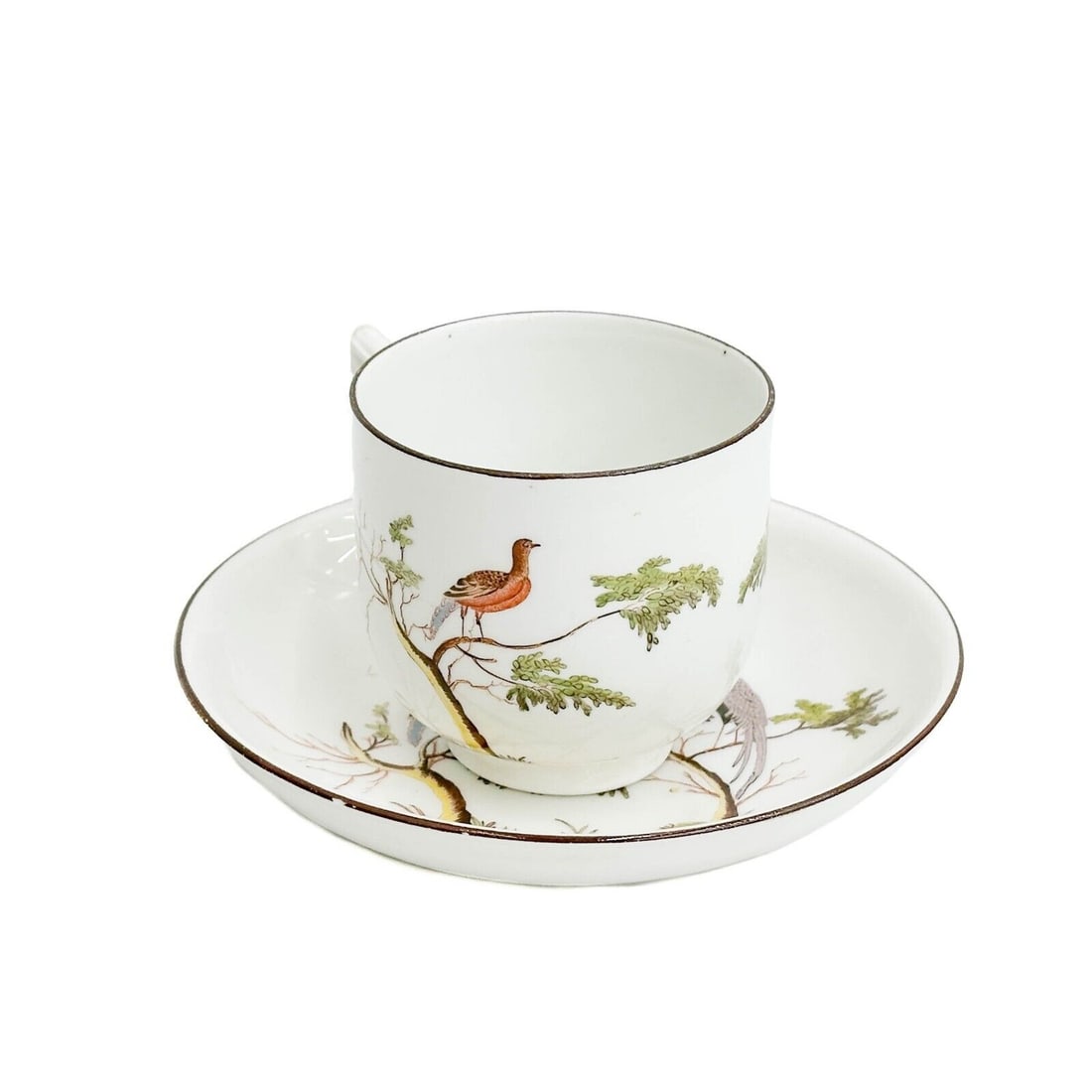 Meissen Germany Hausmaler Ornithological Porcelain Cup and Saucer circa 1730: Meissen Germany Hand Painted Hausmaler Ornithological Porcelain Cup and Saucer, circa 1730. Hand painted birds in trees to the cup and saucer. Underside of each with Meissen crossed swords mark Weight