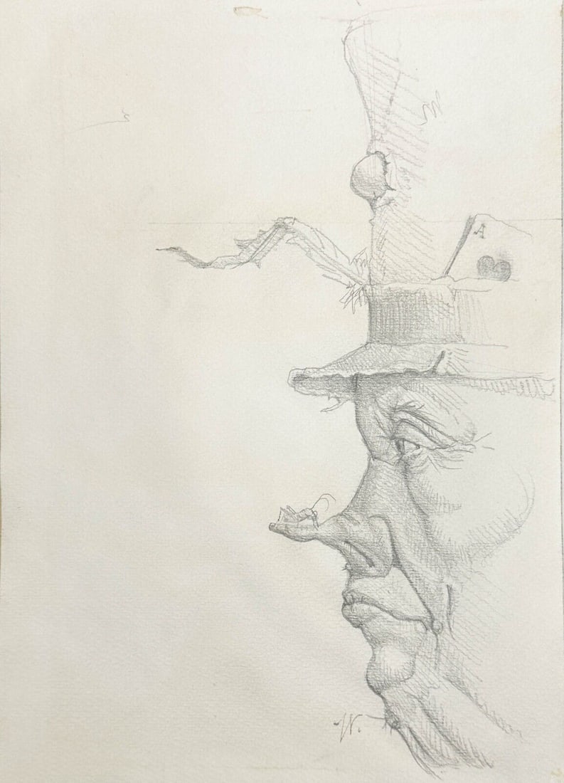 Werner Wildner (German/US 20th C) Graphite Drawing Figure w Grasshopper: Werner Wildner (German American 1925-2004) Graphite drawing on paper of a figure in profile . Signed with monogram W to the lower edge. Mounted to cardstock backing. A painter, whose whimsical animals