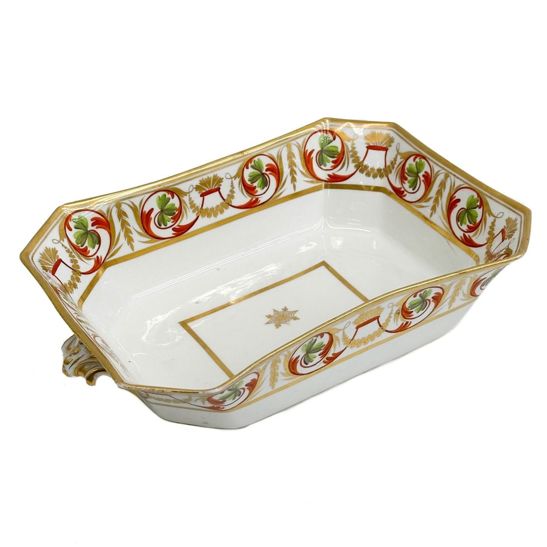 Royal Crown Derby Hand Painted Porcelain Rectangular Serving Dish circa 1810: Royal Crown Derby Hand Painted Porcelain rectangular serving dish, circa 1810. A white ground, decorated to the edge with red green and gilt foliate designs. Gilt decoration to the center. Underside w