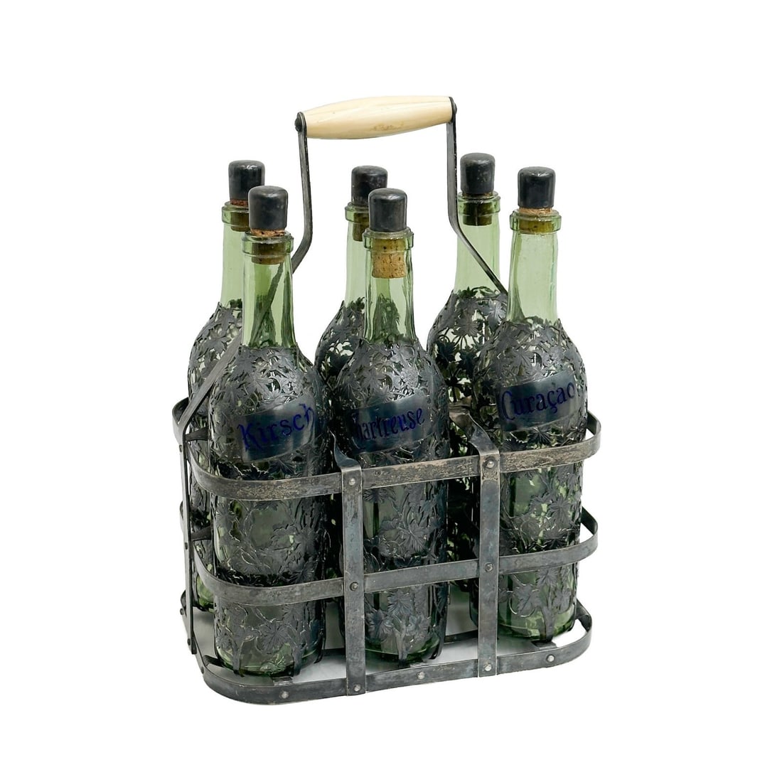 Pierre Queille French Sterling Silver Mounted & Enamel Liquor Bottle Set c1840: Pierre Queille French Sterling Silver Mounted and Enameled Liquor Bottle Set circa 1840. Set of six green glass bottles with ornate pierced silver mounts, each labeled with different liquor name: Kirs