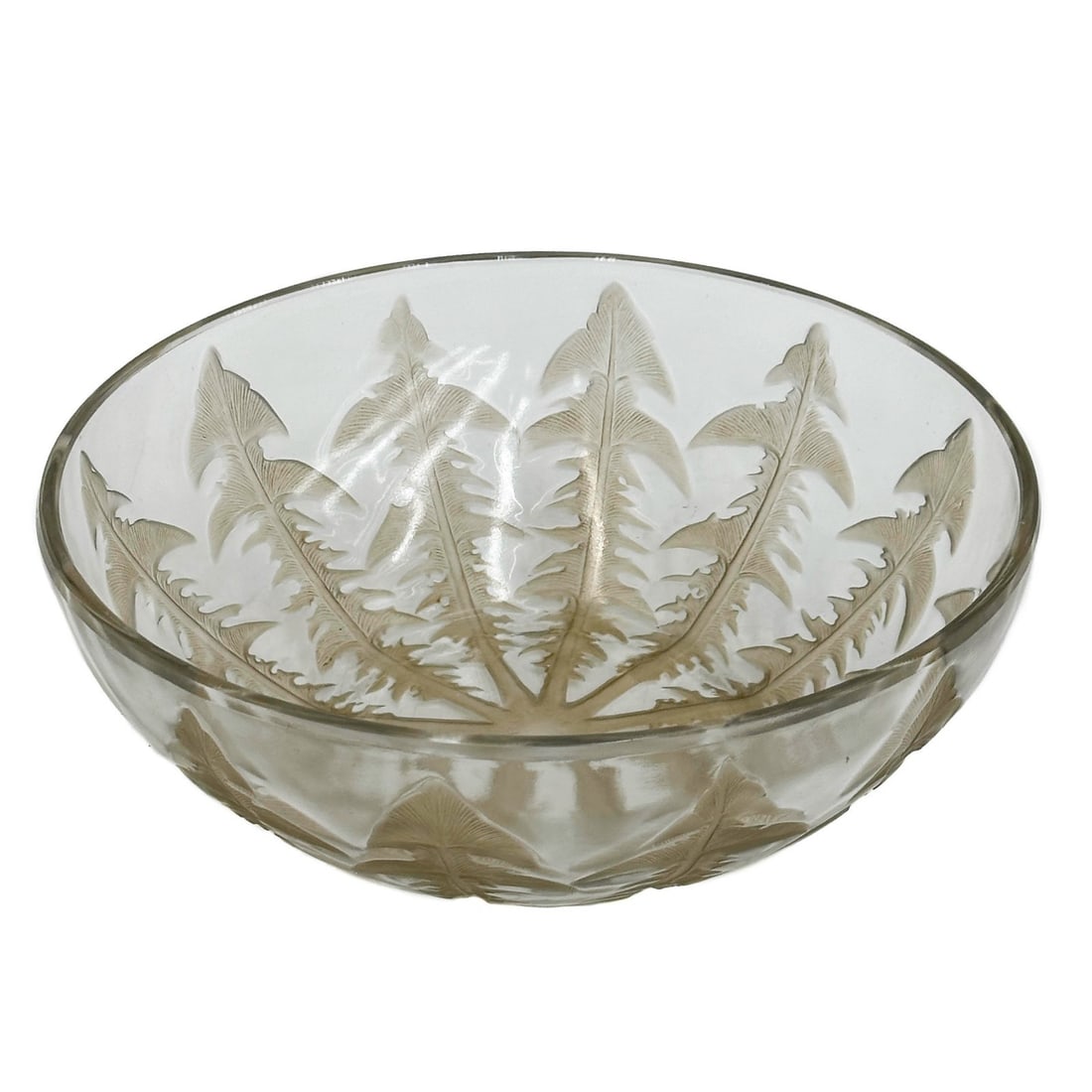 Rene Lalique France Art Glass Pissenlit Dandelion Leaves Bowl Patina Signed: Rene Lalique France Pissenlit Dandelion Leaves Art Glass Bowl. Bowl decorated with dandelion leaves, patina to glass. Marked to the center of the bowl R Lalique France No. 3215 Weight: Approx. 2.5 lb