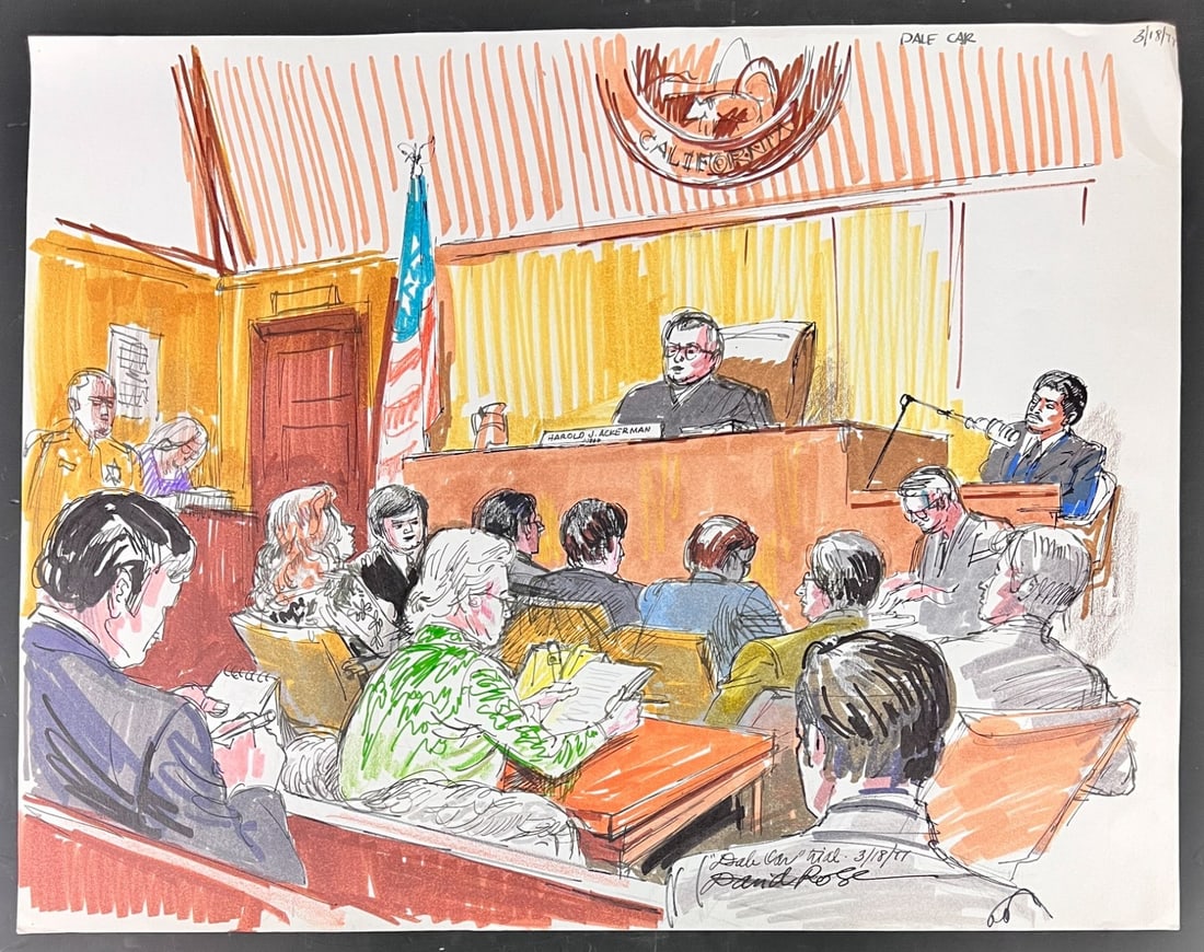 David Rose Courtroom Illustration The Dale Motor Car Trial 1977 Transgender: David Rose (American 1911-2006 ) Courtroom Illustration / drawing in pen, marker and colored pencil, The Dale Motor Car Case and trial (PEOPLE v. CARMICHAEL) Signed and dated 1977. Courtroom scene, fe