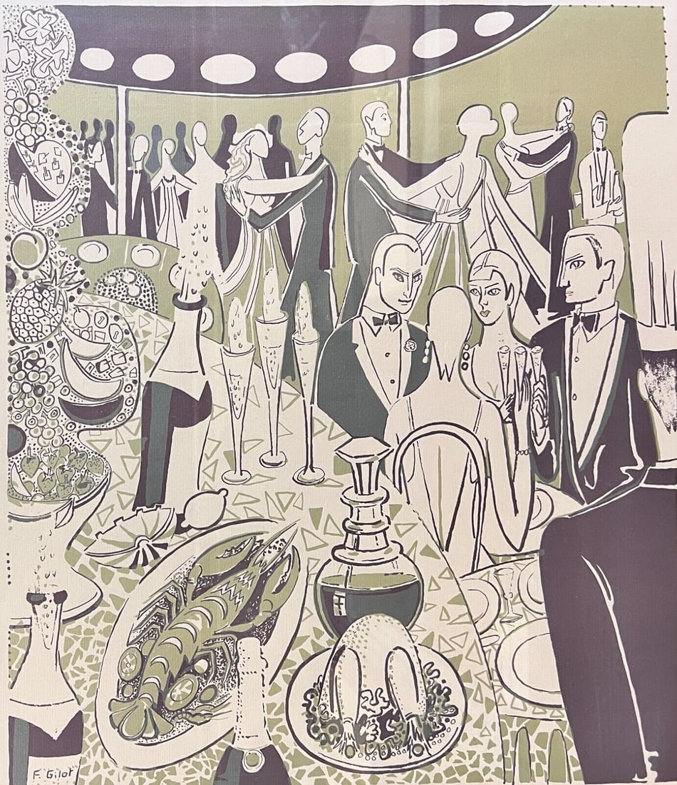 Francoise Gilot Color Lithograph in two colors Black Tie 1980 Signed: Gilot, Francois ( French 1921-) Two Color Lithograph "Gourmet Gala" (1980) signed in plate lower left and in pencil on lower right. For "March of Dimes Gourmet Gala", print before letters. Metal frame