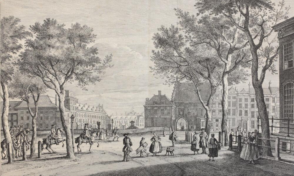 Paulus Constantijn la Fargue (Dutch 1729 - 1782) Etching View Kneuterdijk: Paulus Constantijn la Fargue (Dutch 1729 - 1782) Etching View from the Kneuterdijk in The Hague. 18th century Cityscape. Reads: Gezigt van de Kneuterdyk, op het Stadhouderlyk Quartier, de Niewe Kerk,