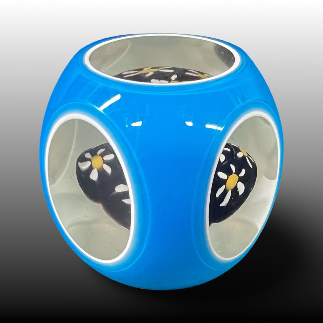 Vintage Murano Cased Peek-a-Boo Millefiore Glass Paperweight: Vintage Murano Cased Peek-a-Boo Millefiore Glass Paperweight, bright turquoise, clear and deep purple with florals Measurements: Approx. 2.5 x 2.5 x 2.5 inches Condition: Great condition, no chips or