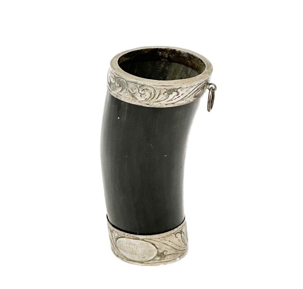 South American Silver Mounted Horn Cup or Drinking Vessel 19th century: Silver mounted Horn Cup or drinking vessel, 19th century. Mounts with chased foliate designs, base inscribed Cacesa Paraguay. Mounts apparently unmarked, but tests for low grade silver. Weight: Approx