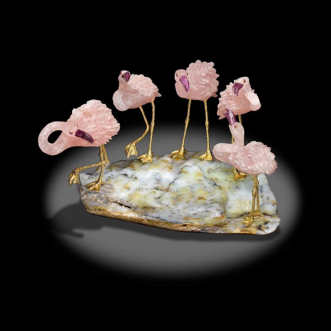Luis Alberto Quispe Aparicio Quartz Carving Group of Flamingos Blue Opal Base: Luis Alberto Quispe Aparicio Rose Quartz Carving Sculpture Flamboyance of Flamingos on a Blue Opal Geode Base. Depicts a group of 5 rose quartz flamingos, each with ruby cabochon eyes with 18k yellow