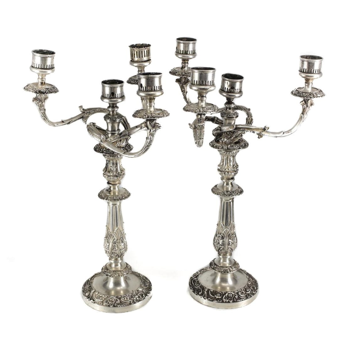 Pair Continental Silverplate on Copper Candelabras 3 branch 4 light c1900 (1 of 4)
