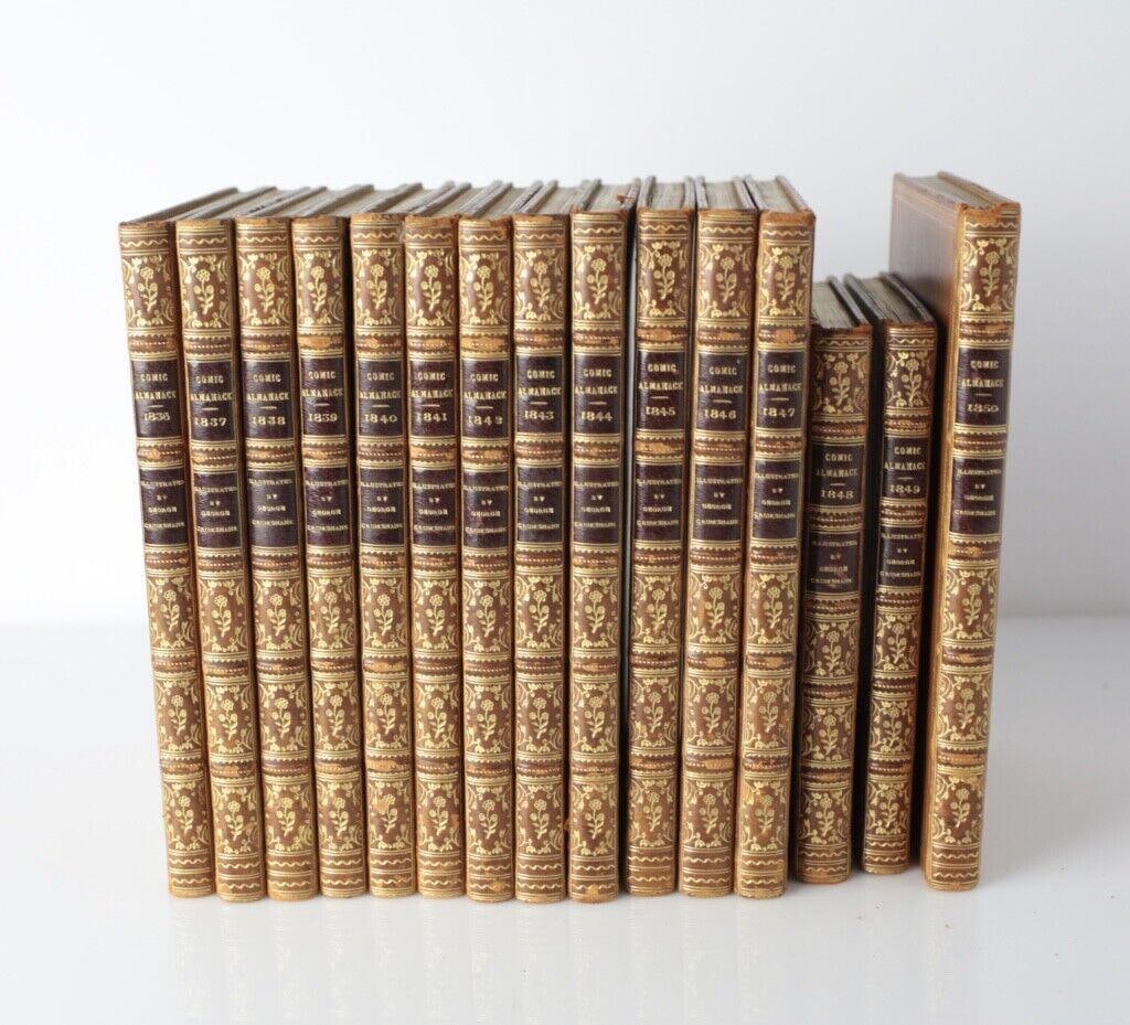 15 vol. George Cruikshank, The Comic Almanack 1836-1850, Sangorski & Sutcliffe: 15 vol. George Crukshank, The Comic Almanack 1836-1850. Published London: Charles Tilt, Tilt and Bogue, David Bogue. 1836-1850. Polished brown morocco, bound by Sangorski & Sutcliffe. Gilt panels, emb