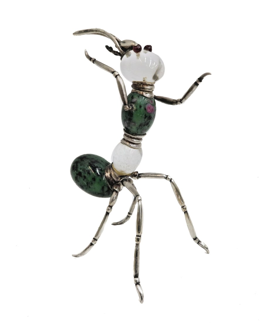 Lalaounis Greek Sterling Silver Rock Crystal and Ruby Zoisite Ant Sculpture: Lalaounis Greek Sterling Silver Rock Crystal and Ruby Zoisite Ant Sculpture. Body comprising of polished ruby zoisite stones and rock crystal with purple tourmaline eyes. Sterling Silver articulated a
