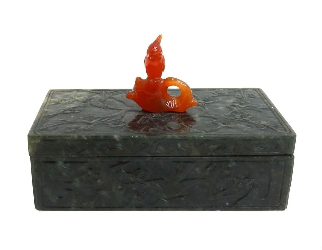 Chinese Spinach Green Neprite Jade and Carnelian Parrot Rectangular Box: Chinese Spinach Green Nephrite Jade and Carnelian Parrot Rectangular Box, Early 20th Century or possibly older. Carved cherry blossoms and birds to exterior of box. Figural carved carnelian parrot per
