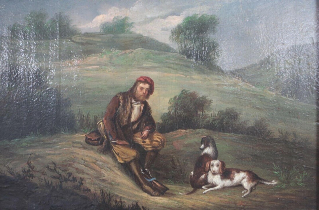 18th Century Continental Oil Painting on wood panel, Landscape with man and dogs: 18th Century Continental Oil Painting on wood panel, Landscape with man and dogs, unsigned. Thick wood panel. In gilt wood frame. 4lbs Measurements: Approx. painting 13 x 8.75 inches; frame 18.5 x 14.