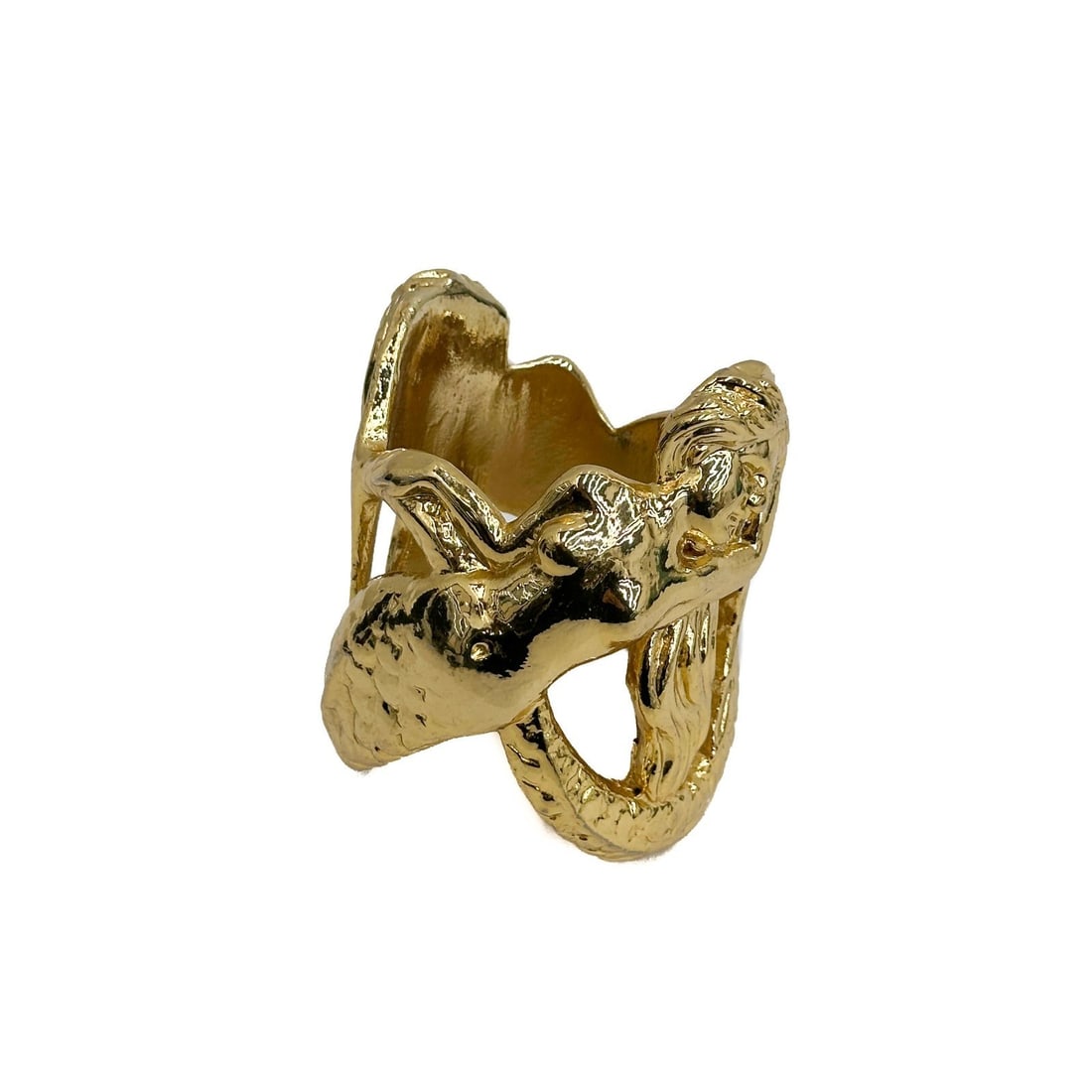 18k Gold Foil Plating on Carved Wood Mermaid Bracelet: 18k Gold Foil Plating on Carved Wood Mermaid Bracelet. Weight: Approx. 118g Measurements: Approx. 3.375 inches x 3.25 inches x 3.75 inches Condition: Peeling to gold foil finish to the interior. Domes