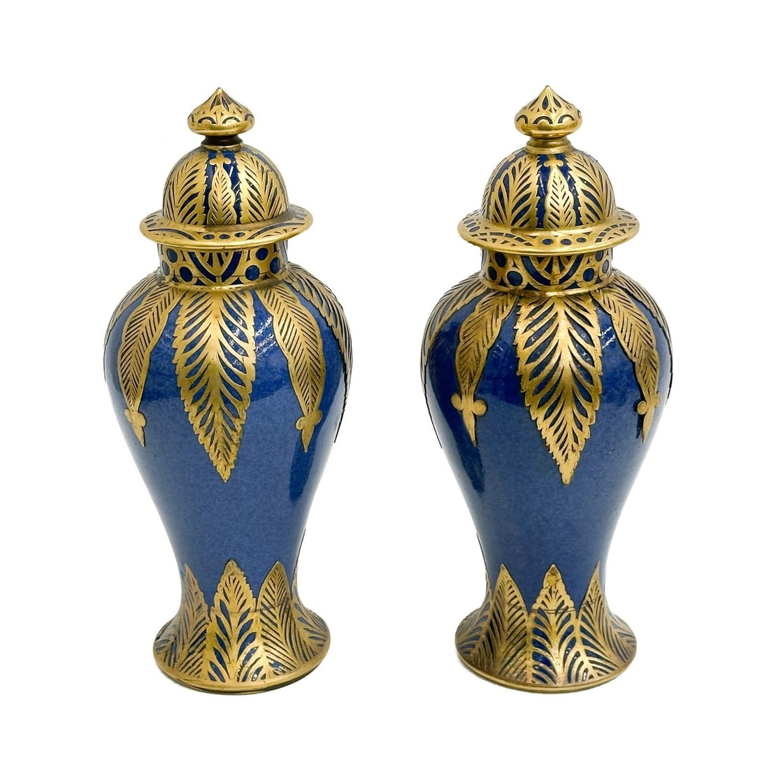 Pair French Lidded Urns Vases Blue Porcelain Gilt Metal Mounts c1900: Pair French Porcelain Lidded Urns Vases Gilt Metal Mounts circa 1900. A powder blue ground, gilt metal leaf form mounts to the lid and body. Numbered 93392 to the underside. Previously mounted as lamp
