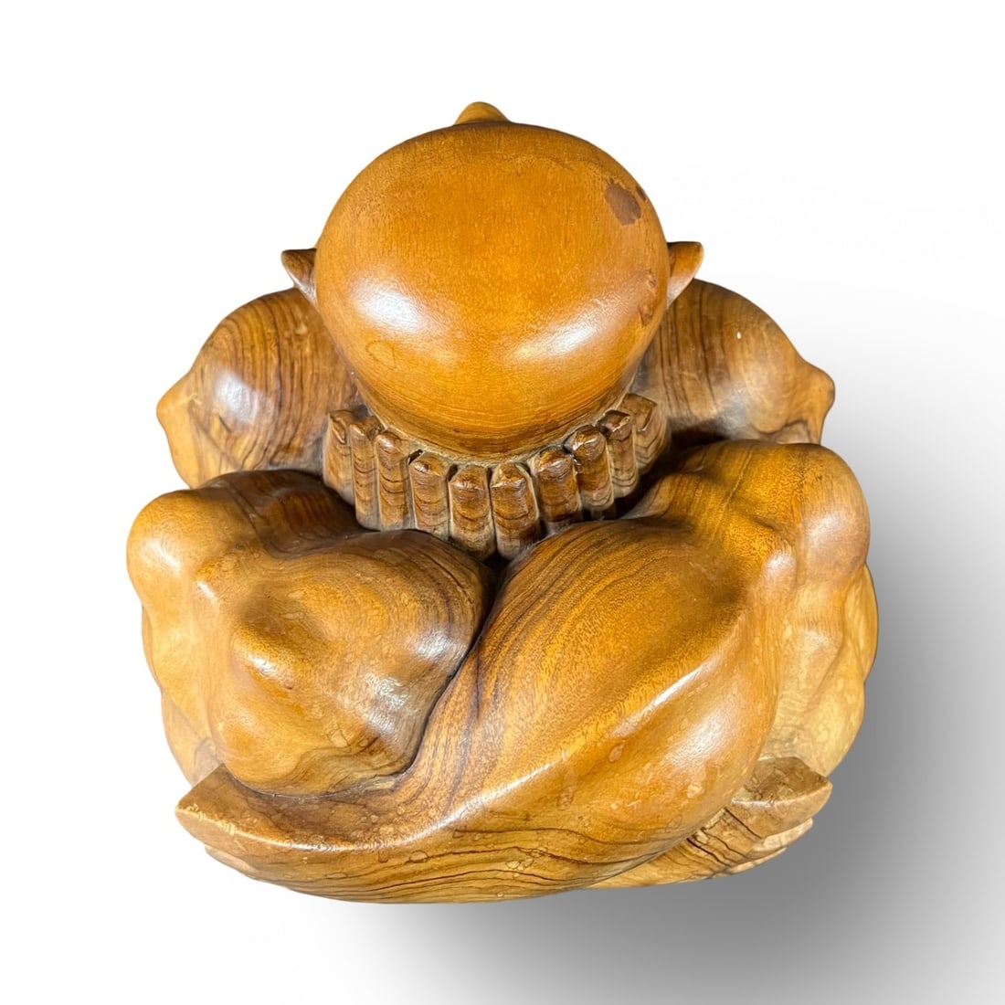 Vintage Weeping Buddha Hand Carved Wood Sculpture: Vintage Weeping Buddha Hand Carved Wood Sculpture. Ball form figure bent over with head in hands. Unmarked. Likely mid century. 5lbs Measurements: Approx. 8.25 inches height x 8.25 x 8 inches deep Con