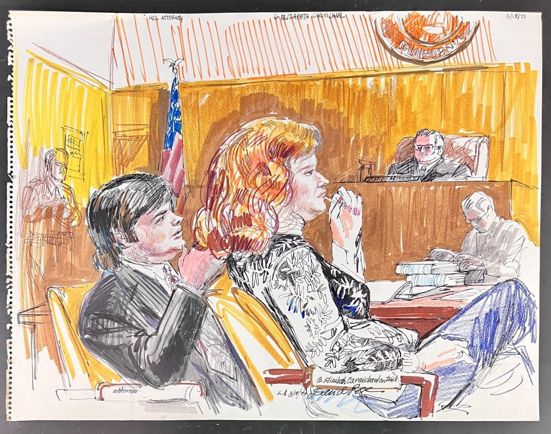 David Rose Courtroom Illustration The Dale Motor Car Trial 1977 Transgender: David Rose (American 1911-2006 ) Courtroom Illustration / drawing in pen, marker and colored pencil, The Dale Motor Car Case and trial (PEOPLE v. CARMICHAEL) Signed and dated 1977. Scene featuring Car