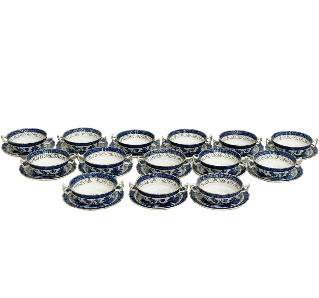 14 Booths England Porcelain Real Old Willow Blue Bouillon Bowls & Plates c1940 (1 of 9)