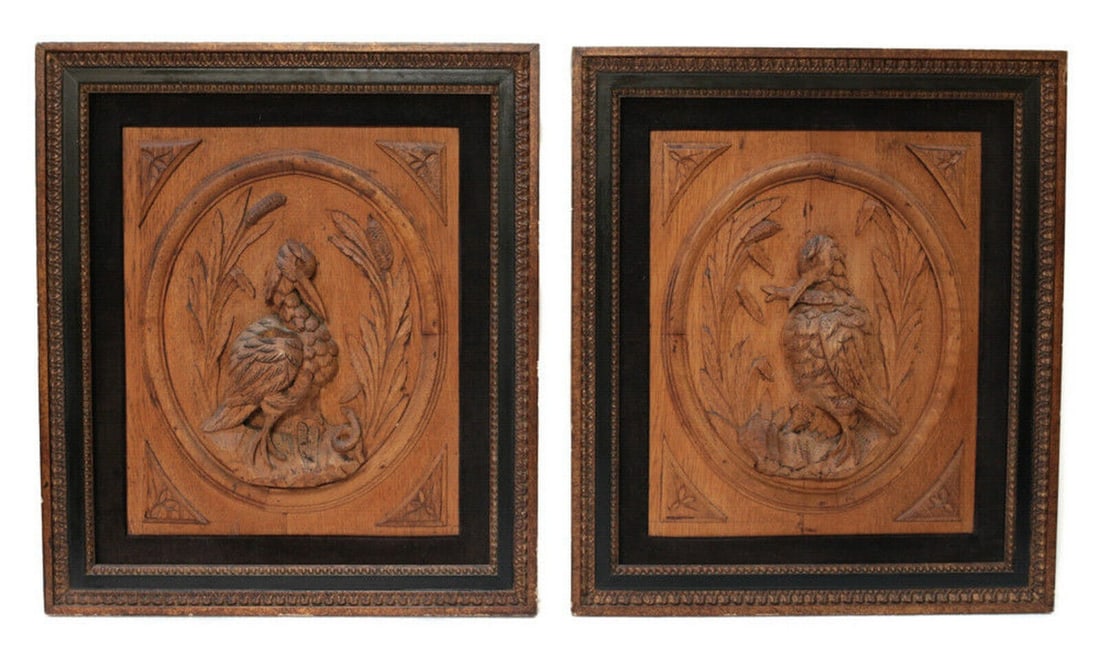 Pair Wood Carved Bird Relief Plaques (1 of 4)