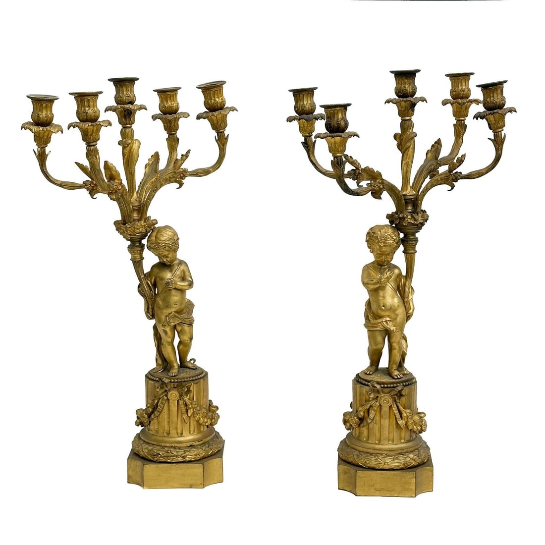 Pair French Gilt Bronze 5 light Candelabras Figural Putti circa 1850: Pair French Gilt Bronze Candelabras, circa 1850. Each with figural putti to the base, one holding a lizard. Weight: Approx. 40 lbs Measurements: Approx. 12.5 inches x 12.5 inches x 24.375 inches tall