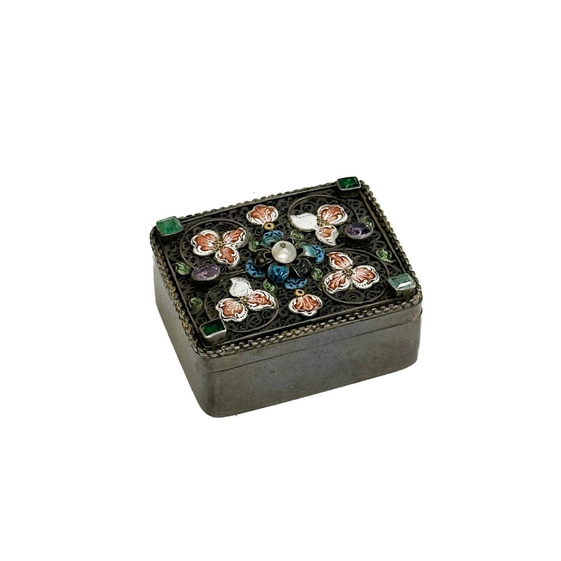 Austrian Silver Filigree Enamel and Stone Snuff Box early 20th century: Probably Austrian Silver Filigree Enamel and Stone Snuff Box, early 20th century. Filigree decoration to lid, mounted floral enamel decoration, amethyst and tourmaline stone and pearl mounts. Apparent