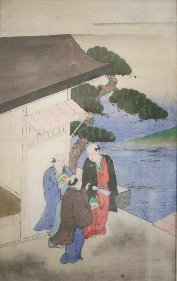 19th century Japanese Watercolor painting on rice paper: 19th century Japanese Watercolor painting on rice paper, unsigned. Figures by a home, overlooking the sea. Label on reverse: " This is original painting on rice paper ground drawing by famouse (sic) &