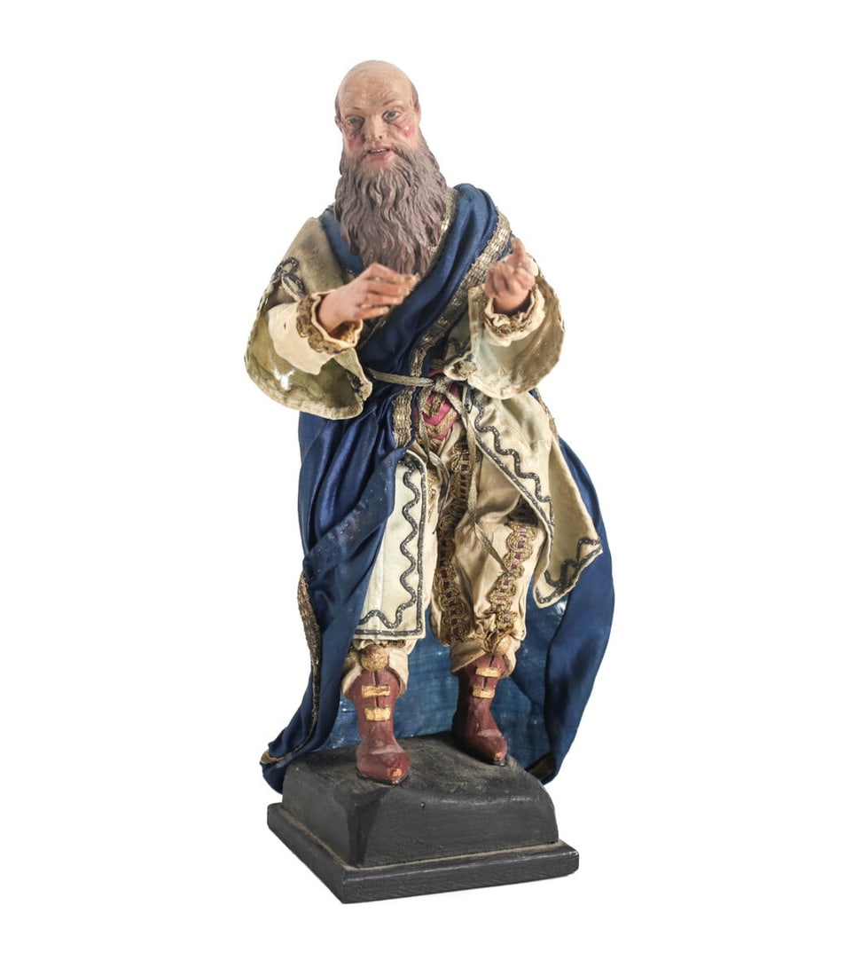 18th century Continental Polychrome Hand Carved Creche Figure dressed in silk: 18th century Continental Polychrome Hand Carved Creche Figure, dressed in silk robes. Bearded man, with finely detailed clothing. Measurements: Approx. with base 10.875" height Condition: Very good co