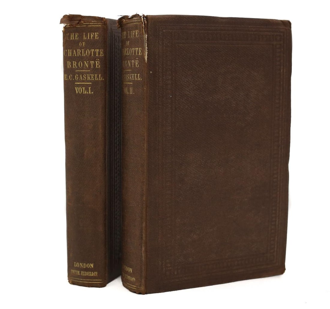 E.C. Gaskell The Life of Charlotte Bronte 1857 1st Ed Estate of Jerry Wald: Gaskell, E.C. 'The Life of Charlotte Bronte'. Smith, Elder & Co., London, 1857. 2 volumes Hardback Books Brown Cloth Boards & Gold Lettering. Vol 1 [352] vol 2 [327]. From the estate of Beverly Hills