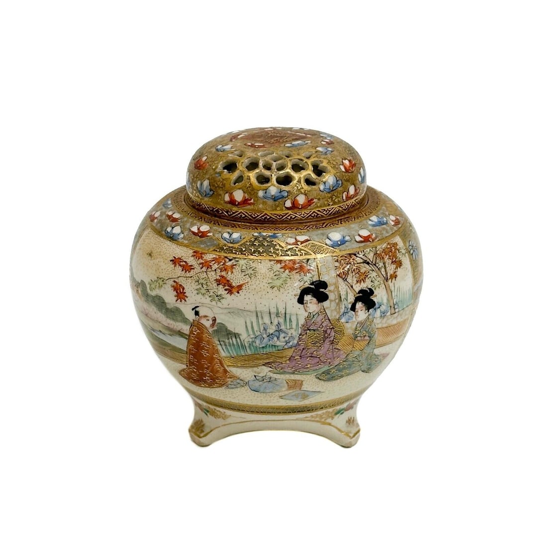Kusube Japanese Satsuma Hand Painted Porcelain Koro Incense Jar Meiji Period (1 of 8)