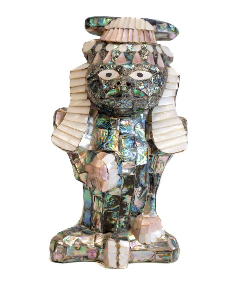 Stunning Mother of Pearl Mosaic Inlay Sculpture, Mayan figure, Mexico c1950: C1950 Mother of Pearl Mosaic Inlay Sculpture, Mayan figure, Mexico. Stunning details, iridescent color. Unmarked. 2Lbs Measurements: Approx. 8.25" height Condition: Great condition, light display wear