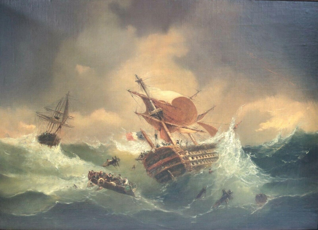 Jean Alexis Achard, France 1807-1884 Oil painting stormy Seascape of frigate: Jean Alexis Achard (France 1807 - 1884) Oil painting on canvas mounted to masonite, stormy Seascape of frigate in rough seas, Signed lower right "Achard". In velvet lined wood frame. With copy of olde