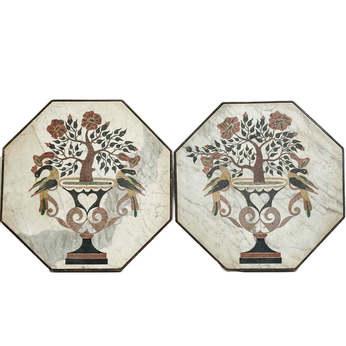 Pair Italian Pietra Dura Stone Wall Hanging Plaques 19th century: Pair Italian Pietra Dura Stone Wall Hanging Plaques 19th century. Depicts urns with plants and birds. Weight: Approx. 75 lbs Measurements: Approx. 22.75 inches x 22.75 inches x 1.5 inches Condition: a