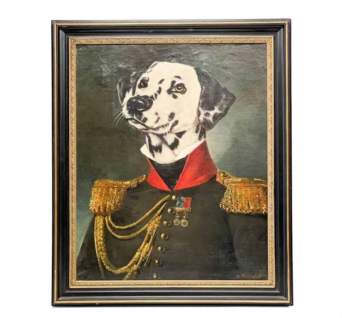 Thierry Poncelet Anthropomorphic Portrait of a Dalmatian Dog Military Oil Canvas: Thierry Poncelet (Belgian, b. 1946) anthropomorphic portrait of a Dalmatian dog, possibly circa 1990. Originally mid-19th century or earlier oil on canvas depicting a senior military officer. In typic