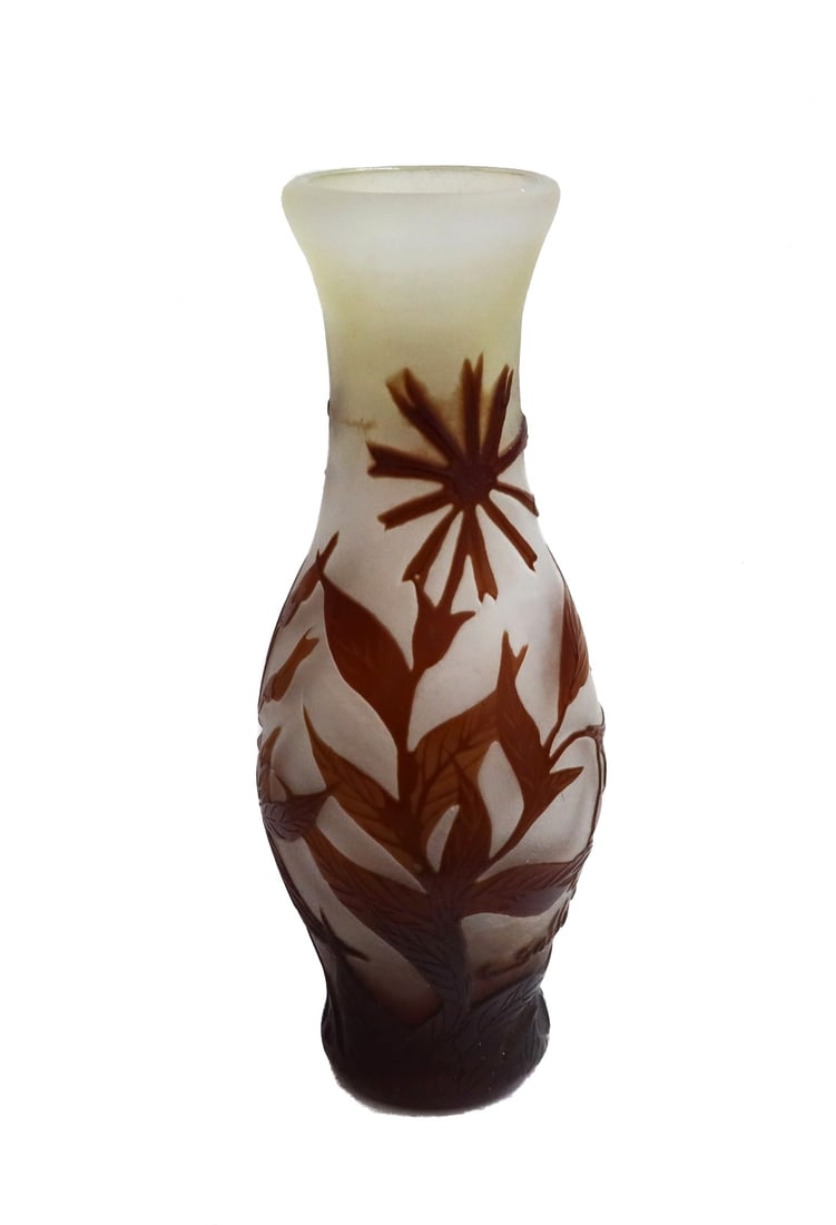 Acid Etched Two Color Daisy Floral Cameo Vase Signed Miniature Galle 20th C (1 of 8)