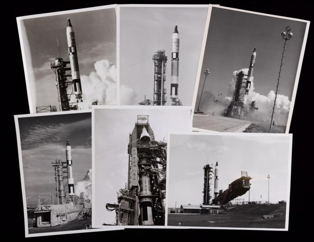 6 Black and White Photographs of Gemini Launches Bernard Hohmann Collection: 6 black and white photographs of Gemini IV, VI, VII, X, XI, and one unmarked launches. 5 of the photographs have information stamped on verso. Known photo numbers: 66-H-1205, 65-H-1779, 66-H-970, 65-H