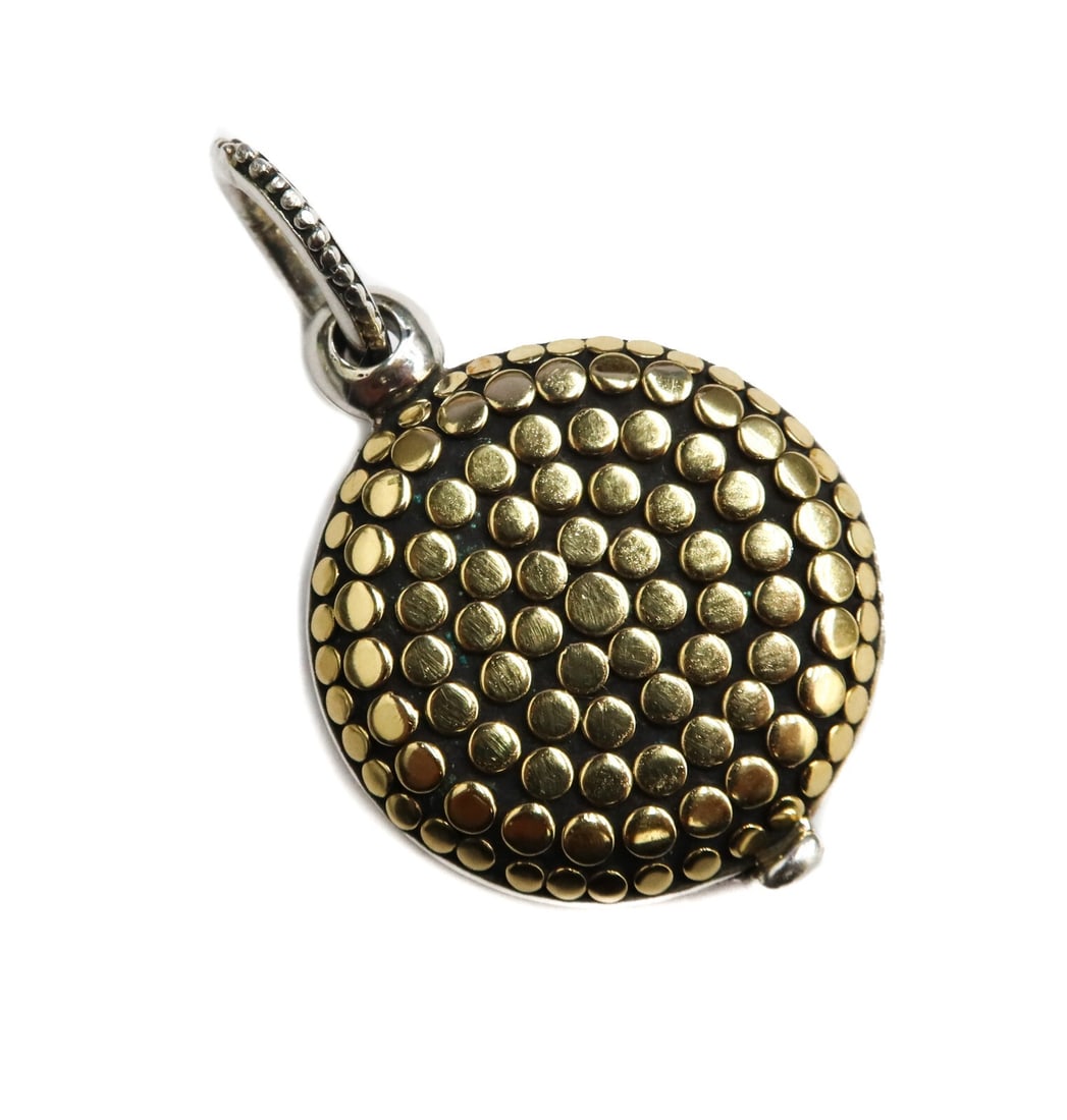 John Hardy 18k Yellow Gold and 925 Sterling Silver Dot Slide Open Locket Pendant: John Hardy 18k yellow gold and 925 sterling silver dot slide open locket pendant enhancer. One side with sterling silver dots and the other with yellow gold dots. The interior marked Indonesia John Ha