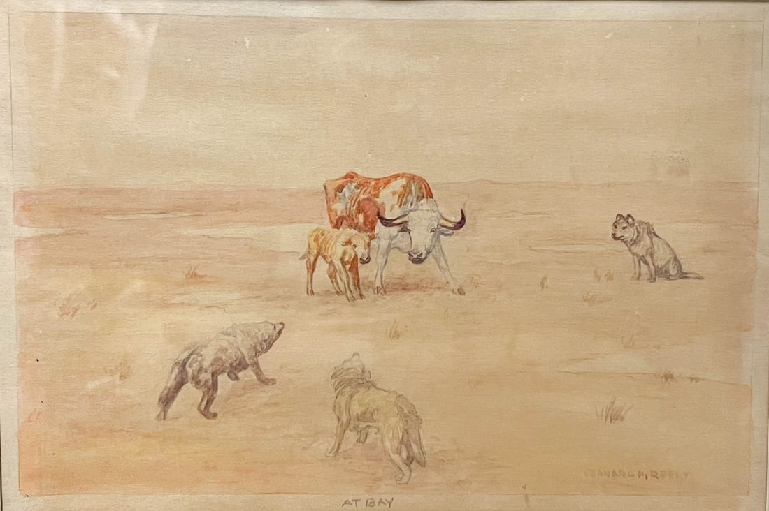 Leonard H Reedy American Watercolor painting Cow protecting calf: Leonard H Reedy (American 1899 - 1956) Watercolor painting on paper, titled " At Bay". Longhorn cow protecting her calf. Signed lower right. In wood frame and glazed. 2.7lb (WSF)Measurements: Approx.