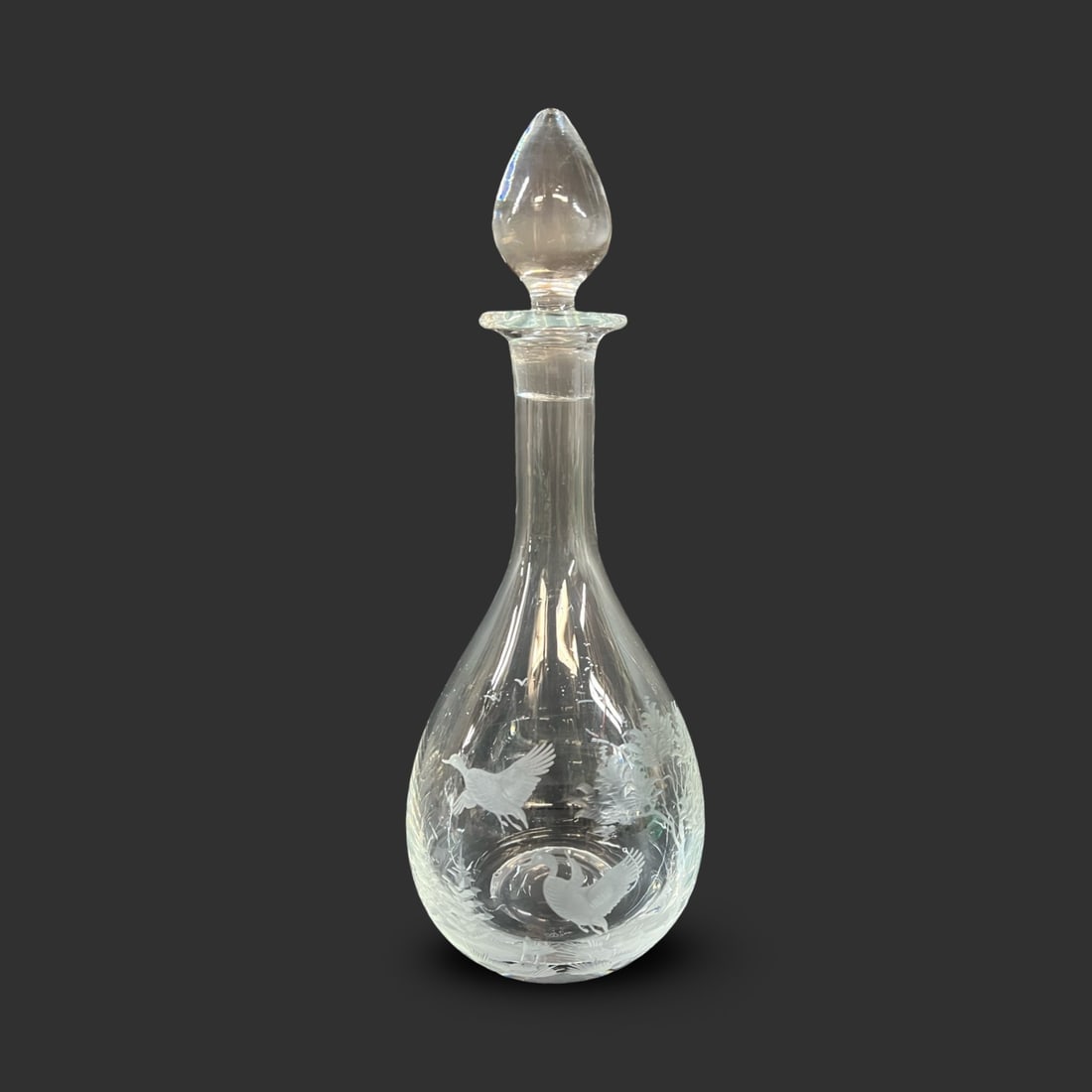 Theresienthal blown glass crystal wine decanter intaglio water fowl: Theresienthal blown glass crystal wine decanter, engraved ducks in a landscape, a crown makers mark on the underside, unidentified. Very similar design to Moser, josephinen or Queen Lace Americana-Ame