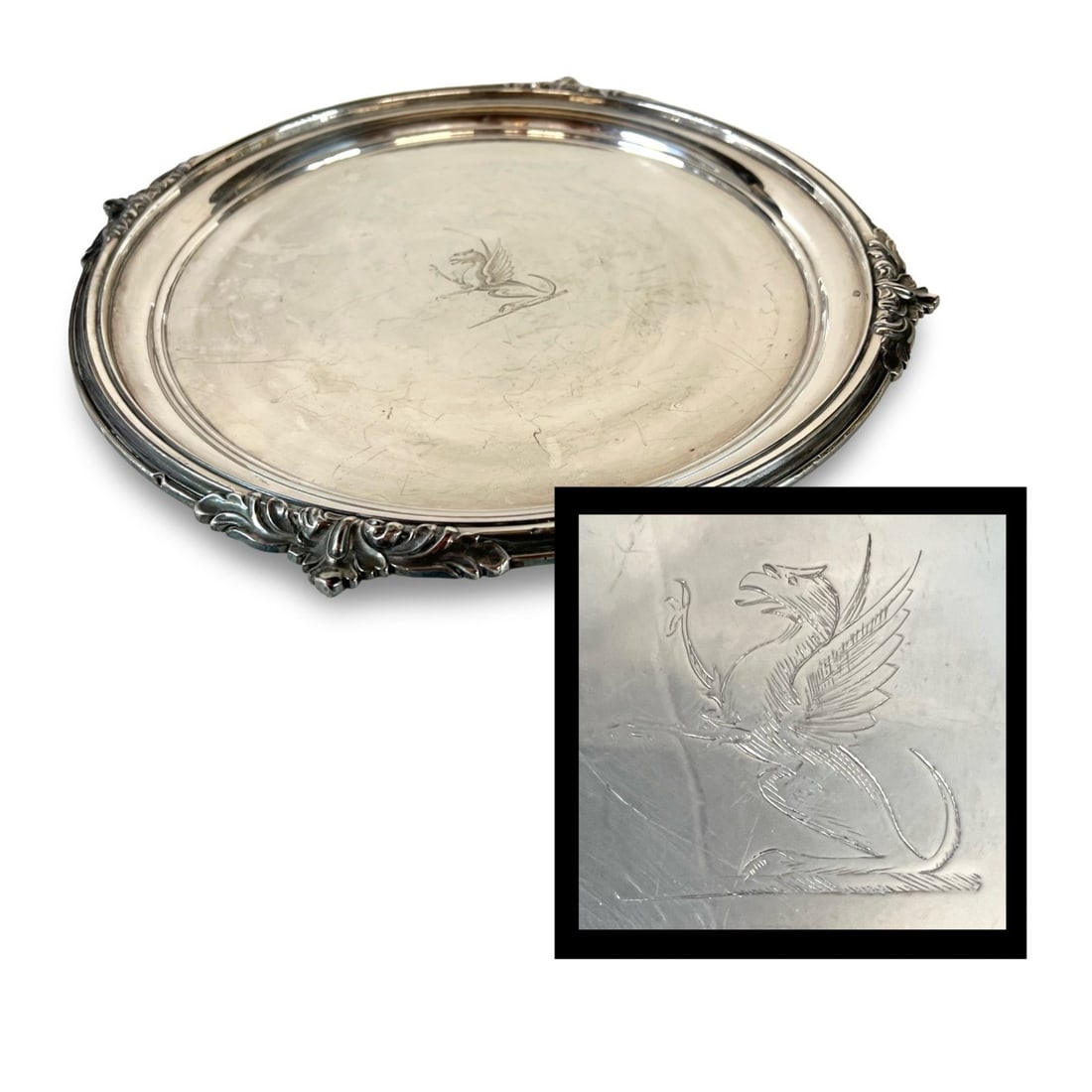 Early 19th century silver plate tray with rampant griffin armorial R. Silk: Heavily plated "Old Sheffield" early 19th century silver-plate tray with engraved rampant griffin armorial or crest. Possibly R. Silk c 1809 Birmingham, mark is indistinct. Measurements: Approx. 13.5