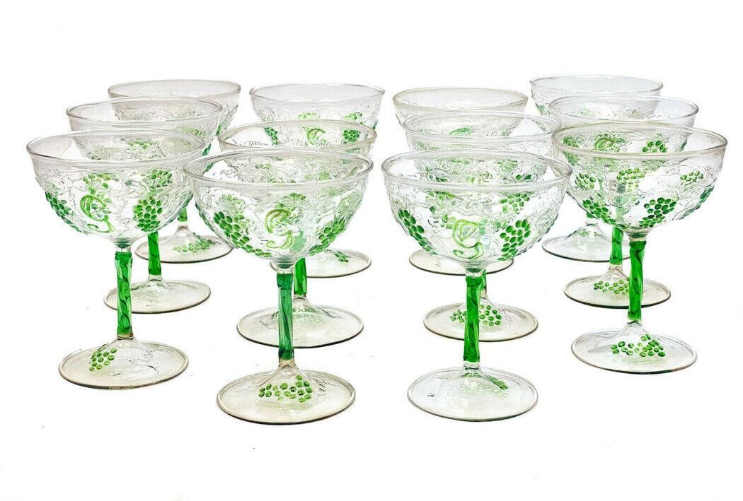 13 Bimini Bohemian 4.75 in Wine Glass Goblet: 13 Bohemian 4.75 in / 6 fl oz wine goblets by Bimini, circa 1940. Each grape and vine pattern is applied as well as the"G" monogram. Expertly hand blown and very delicate, almost paper thin. The stems