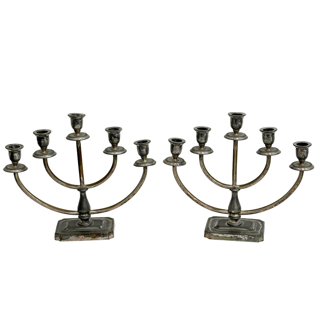 Pair Pairpoint Silverplate 5-light Candelabras D6143: Pair Pairpoint Silverplate Candelabras. 5-light candelabras, underside marked Pairpoint D6143 Weight: Approx. 4.5 lb Measurements: Approx. 13 inches x 3.75 inches x 11 inches tall Condition: Heavy wea
