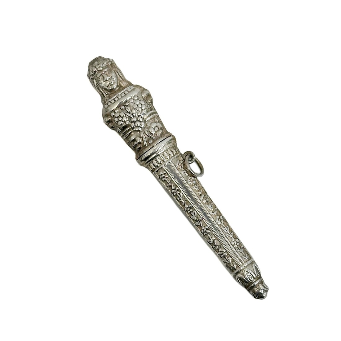 American 925 Silver Figural Etui Needle Holder early 20th cen: American 925 Silver Figural Etui Needle Holder, early 20th century. Depicts a figure with florals, marked 925. Weight: Approx. .45 ozt Measurements: Approx. 3.625 inches length x .75 inch Condition: V