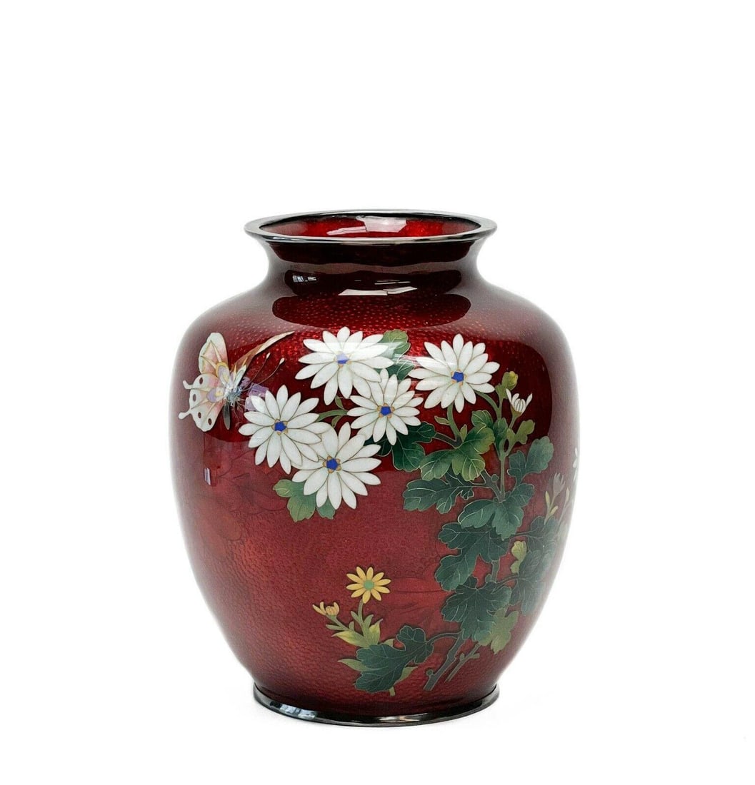 Japanese Cloisonne Enamel Red Vase Flowers Meiji Period (1 of 6)
