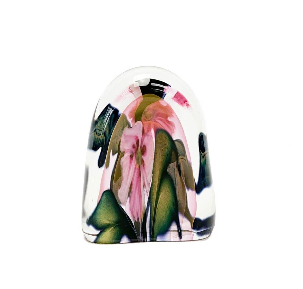 Charles Lotton 2010 Multi Flora Pink Floral Art Glass Sculpture, Signed: Charles Lotton 2010 Multi Flora Art Glass Sculpture. Clear glass sculpture with pink and green floral decoration to the interior. Underside with etched marks Charles Lotton 2010 Multi-Flora. Weight: A