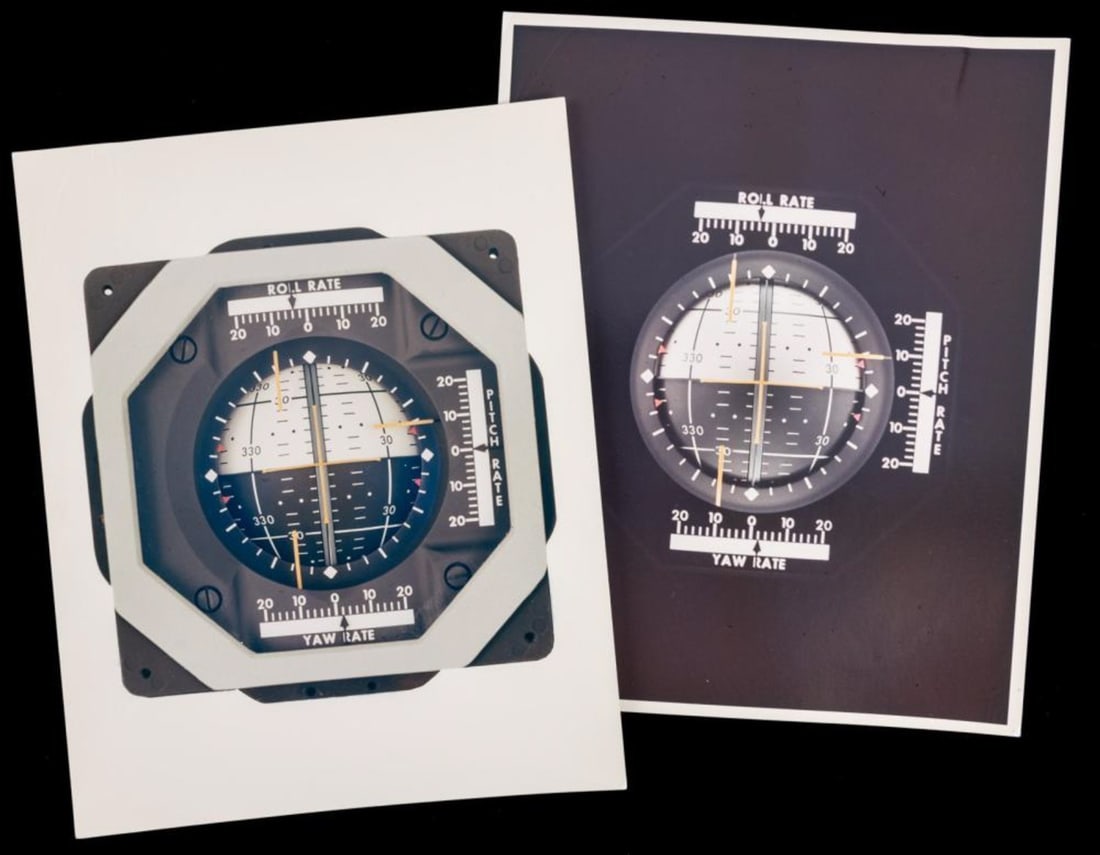 2 Photographs of a Flight Director Altitude Indicator Bernard Hohmann Collection: Two Kodak paper photographs of a Flight Director/Altitude Indicator, from the Apollo era. From the estate of Bernard "Ben" Hohmann, WWII Luftwaffe German test pilot and jet engine designer, Operation