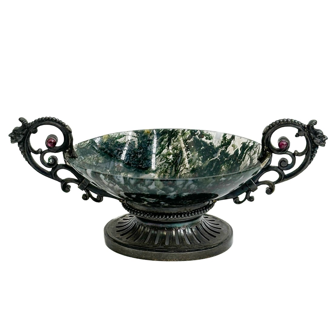 French Sterling Silver Carved Moss Agate Double Handled Master Salt: French Sterling Silver Carved Moss Agate Double Handled Master Salt. Carved bowl of moss agate, sterling silver mounts with red stone accents on handles. French silver hallmarks to edge, unidentified