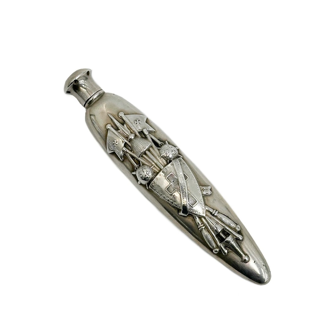 George W Shiebler & Co American Sterling Silver Scent Bottle c1890: George W Shiebler & Co American Sterling Silver Scent Bottle, circa 1890. Shield with flags and weapons to center, stylized monogram to side. With Shiebler mark, marked Sterling 59A Weight: Approx. .9